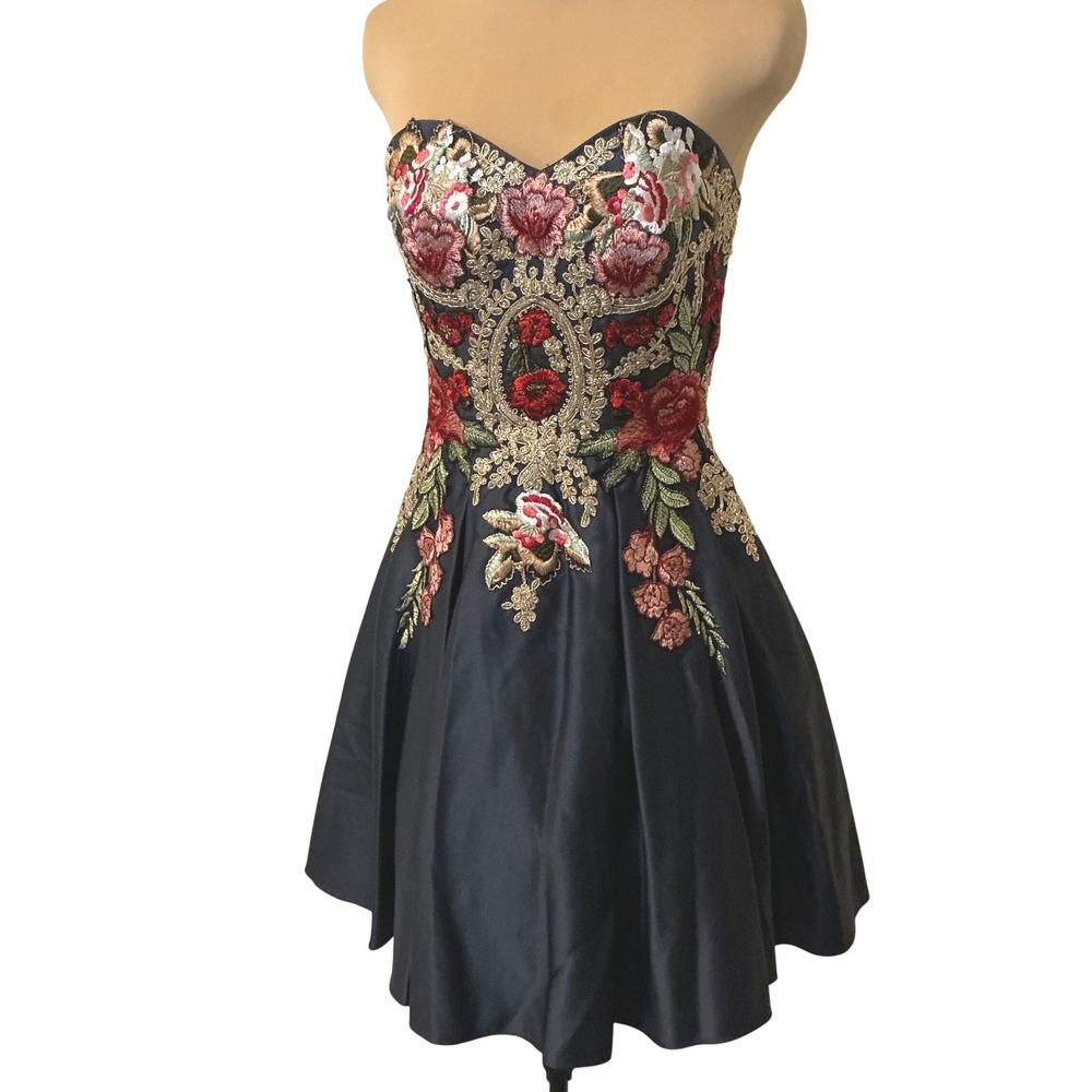 Blondie Nites Navy Strapless Embroidered Satin Dress Corset Back Short - Picture 5 of 16